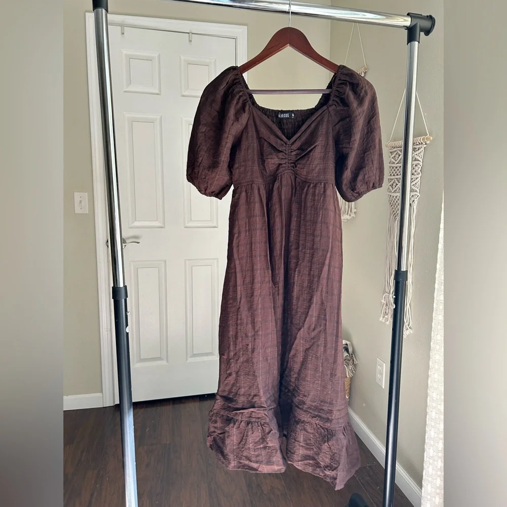 Brown Plaid Midi Dress Puff Sleeves, smoked back, sweetheart neckline - Picture 4 of 5